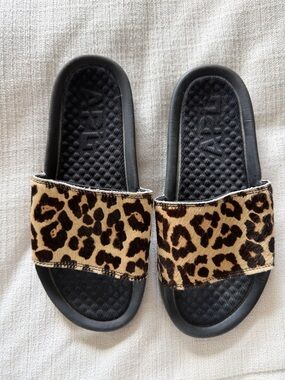 APL Leopard Print Slide Sandals in Black and Tan